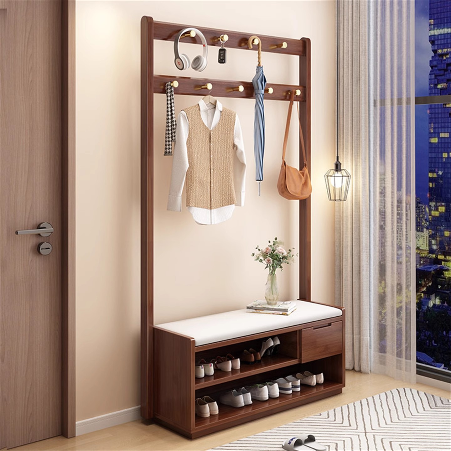 Entrance Door Clothes Rack, Shoe Changing Stool, Integrated Bedroom Entrance Storage Rack, Solid Wood Entrance Door Shoe Cabinet, Coat Rack