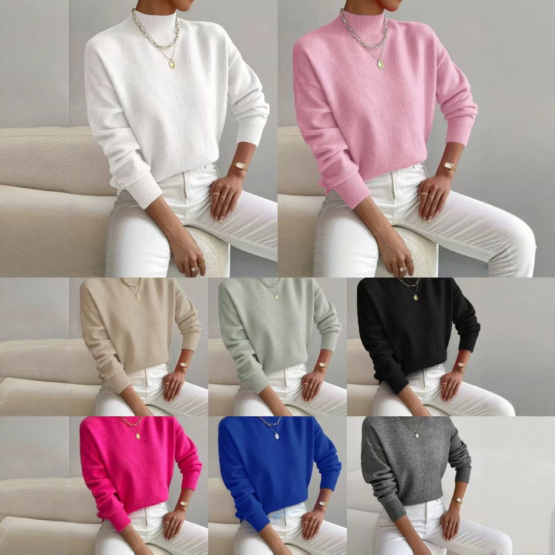 Cross-Border Autumn and Winter Half-Turtleneck Pullover Long-Sleeved Sweater Amazon Foreign Trade Women's Fashion Solid Color Loose Knitted Top Cross-Border Autumn and Winter Half-Turtleneck Pullover Long-Sleeved Sweater Amazon Foreign Trade Women's Fashion Solid Color Loose Knitted Top