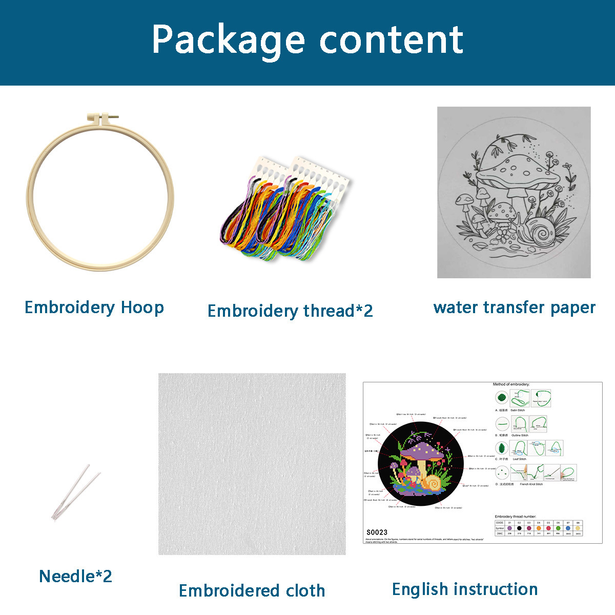 Caracoles bajo hongos (1 hoja de papel soluble en agua + tela de bordado blanco + cantidad suficiente de hilo de bordado + 20 cm de tela de bordado + dos agujas)