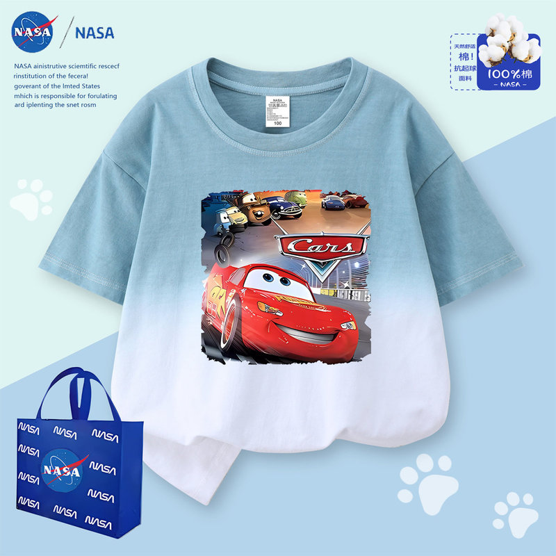 Nasa Kidsren's Hanging Dyed T-Shirt Short-Sleeved Summer New Handsome Lightning Mcqueen Medium and Large Kidsren's Tops for Boys and Girls