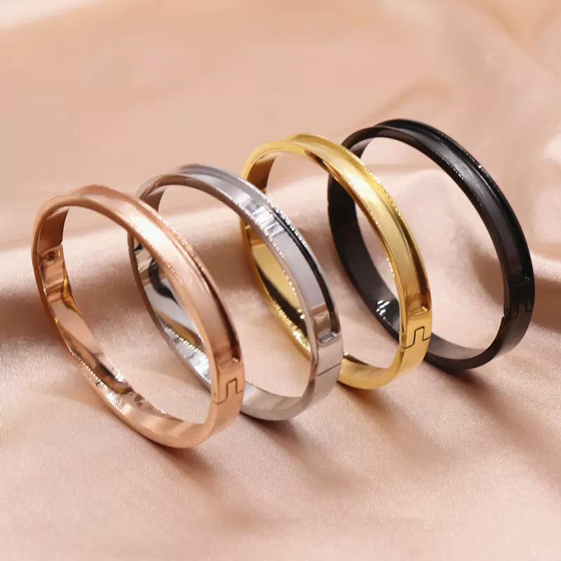 现货不锈钢中古拆包凹槽手镯素圈贴皮手镯女款不锈钢饰品厂家直销