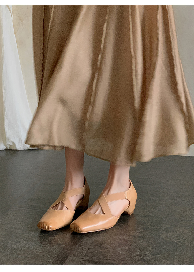 Giày Mary Jane nữ mũi vuông quai chéo kiểu ballet cổ điển, gót vừa — màu nâu chi tiết 12
