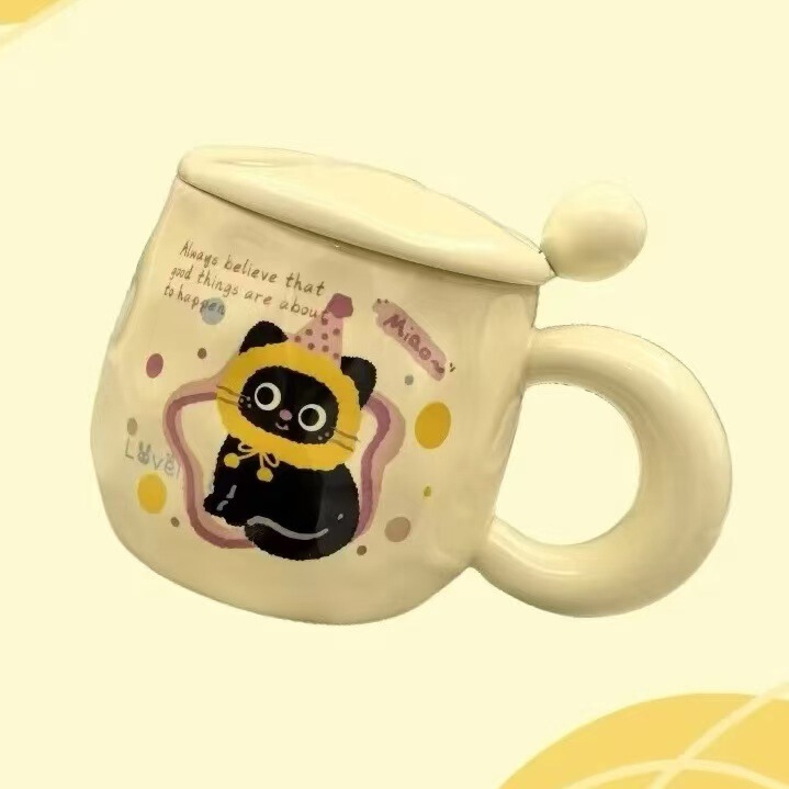 かわいいミルクFUFU黒猫マグカップ蓋付きスプーンで女の子に誕生日プレゼント高颜値プレゼントカップオフィス朝|undefined