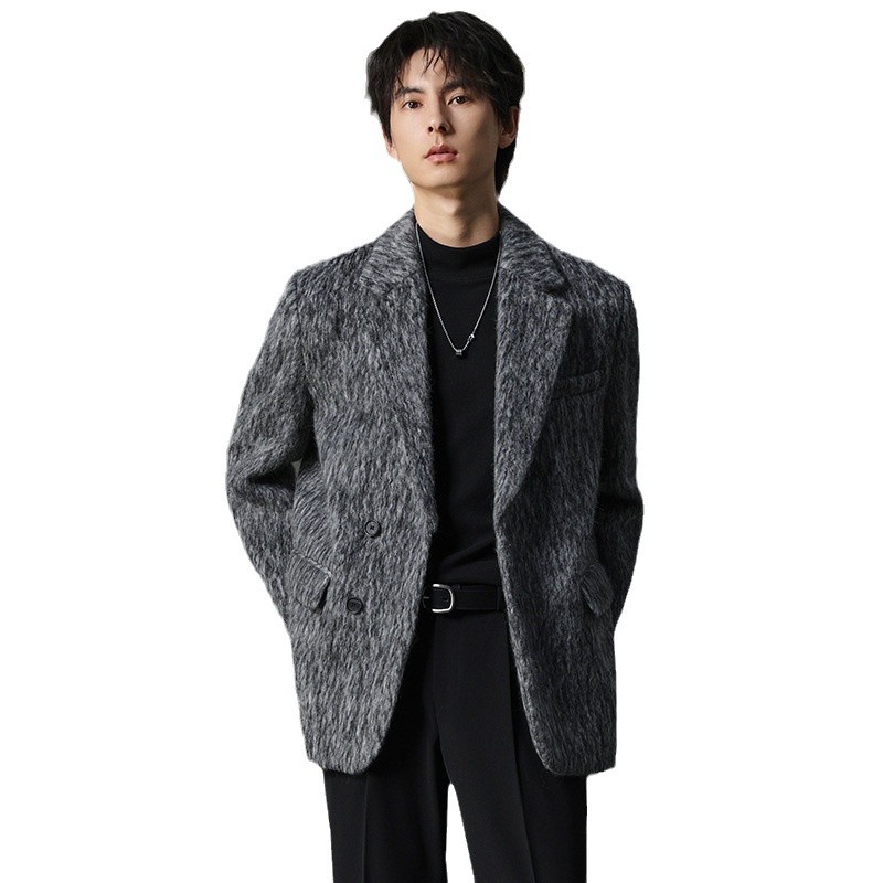 겨울 두꺼운 모직 세트 남성용 워터 리플 하이 레벨 최고 마이크로 느슨한 따뜻한 유지 디자인 남성용 강아지 잘 생긴 자켓 느낌