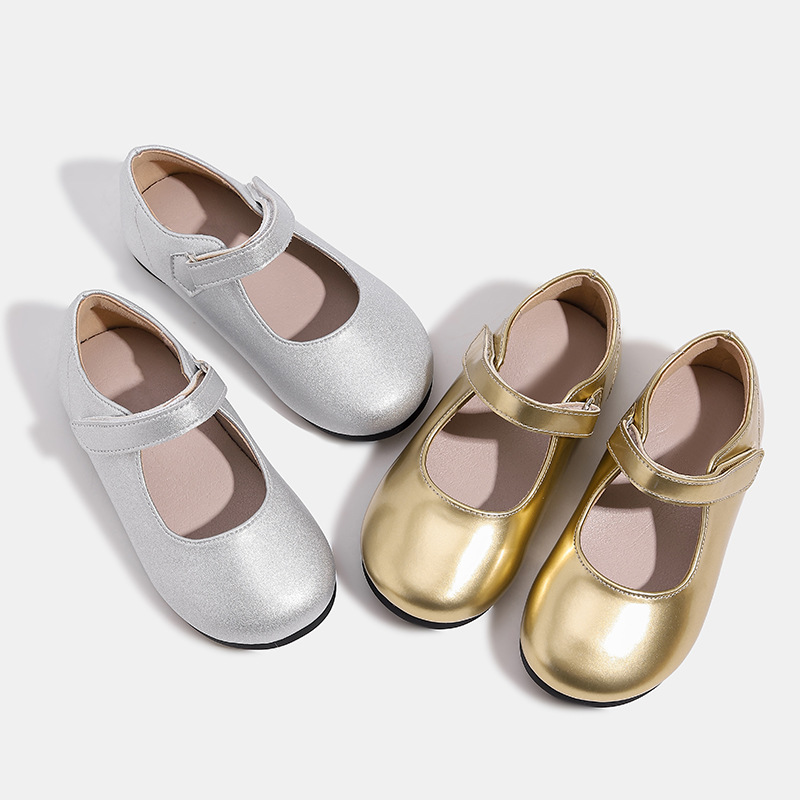 Girls Leather Shoes Princess Shoes 2025 Spring and Autumn New Mary Jane Shoes Soft Sole Baby Girls silver Fairy Shoes Gold