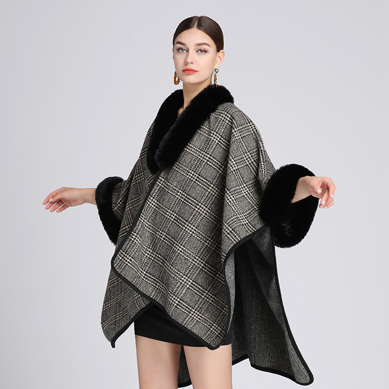 Pelerină cu guler de blană, pelerină, cardigan de mărime mare pentru femei_voghion.com