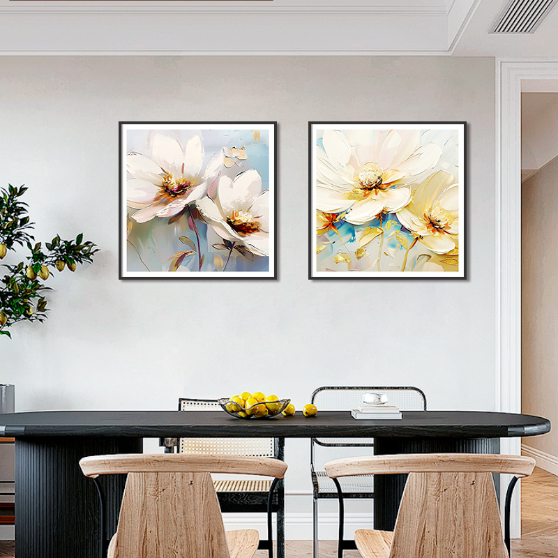 Pintura al óleo simple estilo flor cuadrado dos piezas pintura decorativa hermosa sala de estar comedor pintura colgante dormitorio pasillo mural