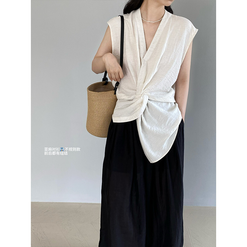 Jiangzuo 2025 New Summer Women's Shirt French V Neck Sleeveless Top Women's Summer High-End Shirt 6285