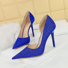 1298-1 Retro European and American Style High Heels Slim Heel Shallow Notched Pointed Side Cut Shiny Sequin Fabric High Heel Women's Single Shoe