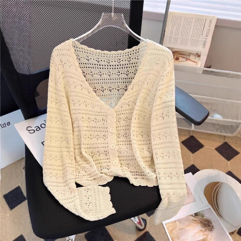 White Hollow Knitted Cardigan Women's Thin Long-sleeved Ice Silk Shawl Outer Strap Skirt Air-conditioning Shirt Top for Summer