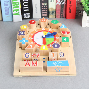 Multifunctional Montessori Teaching Aids Building Blocks Alarm Clock Wooden Cognitive Learning Alarm Clock Early Education Educational Children's Toys