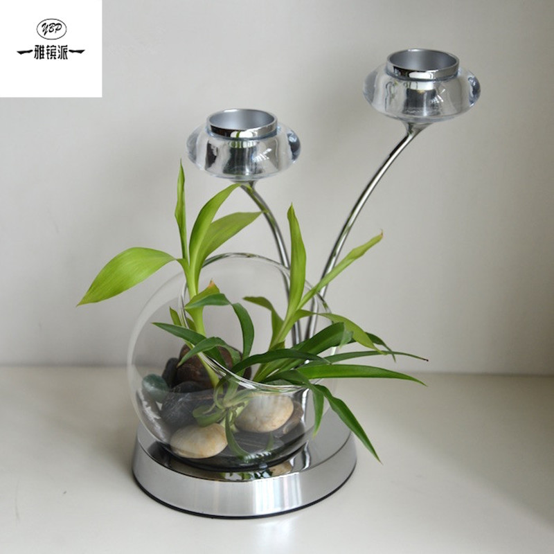 欧式浪漫典雅鱼缸烛台不锈钢合金烛蜡台水晶玻璃简约浓情烛台摆件