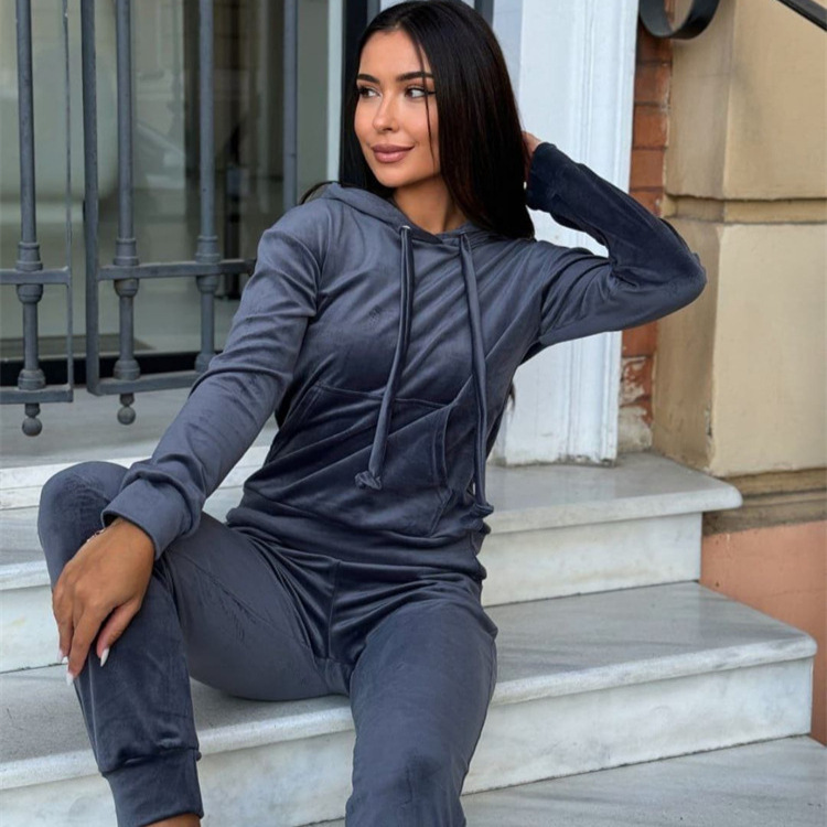 Cross-Border Casual European and American Women's Velvet Suit Solid Color Pullover Hooded Pocket Top Elastic Waist Long Pants Two-Piece Set
