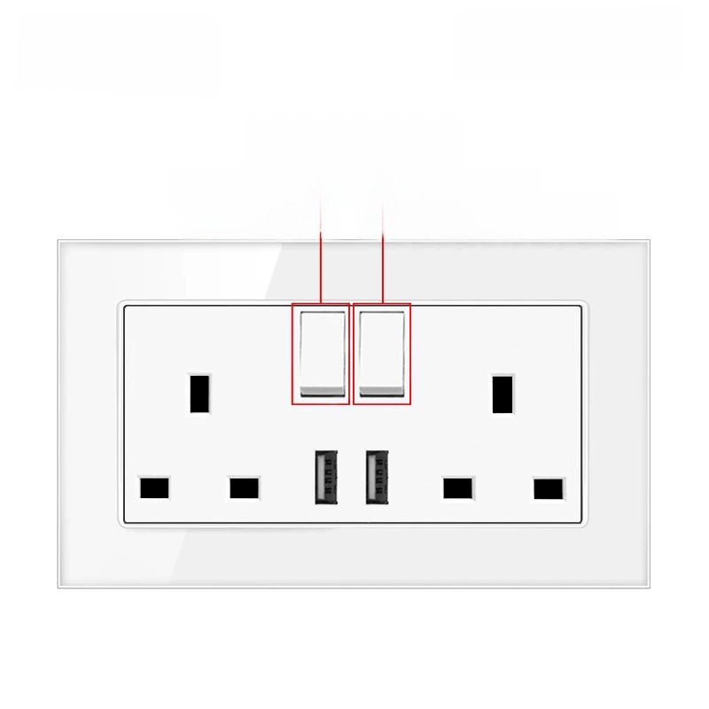 Glass white British standard switch socket panel Hong Kong and Macao dual-connected USB+typeC socket British concealed 86 type
