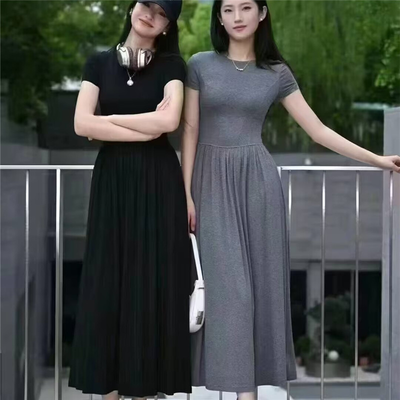 Váy đầm nữ dáng suông midi tay ngắn cổ tròn, kiểu dáng mùa hè mới — màu đen chi tiết 1