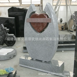 定制兴燕石雕爱心镶嵌红芯墓碑 欧式心形纪念碑 石雕墓碑出口加工