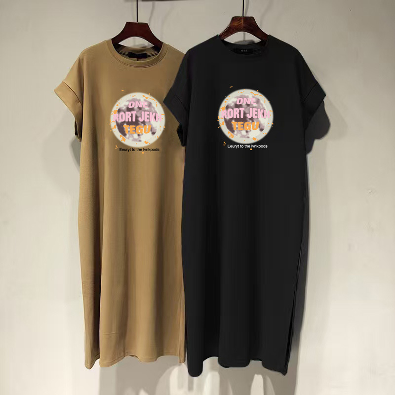 Pure Cotton Short-sleeved T-shirt Skirt Split dress Women's Summer New Mid-length Over-the-knee Long Skirt plus size Flying Sleeve Skirt