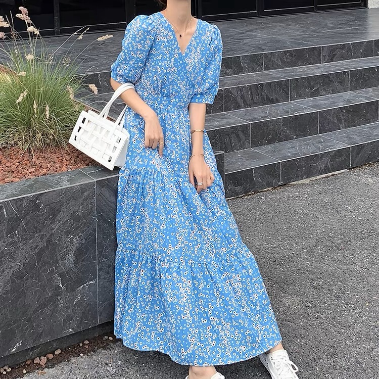 Blue Floral Dress for Women, Extra Long, Ankle-Length, 2024 Summer New Style, French Retro Chiffon V-Neck Short-Sleeved Long Dress