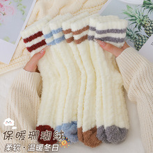 不掉毛珊瑚绒袜子女冬加绒运动家居地板袜睡眠保暖中筒跨境袜二杠