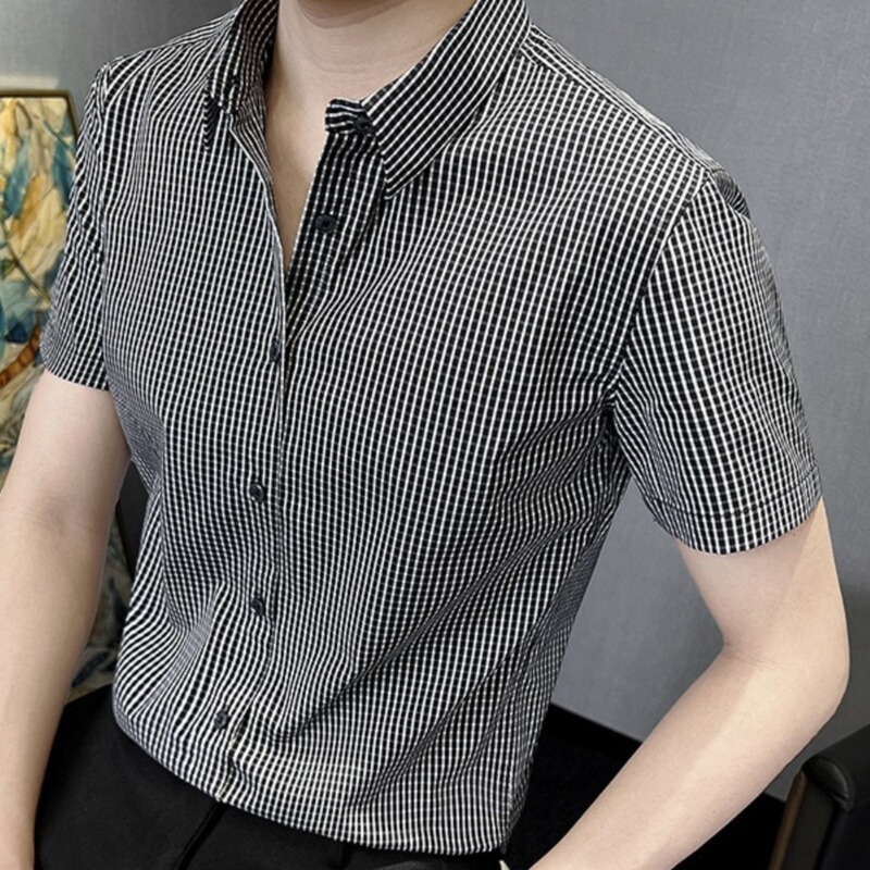 Summer men's shirt short sleeve plaid ruffle handsome quality non-ironing stretch anti-wrinkle Korean style slim fit trendy all-match shirt