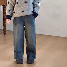 女童加绒牛仔裤2025冬季新款韩版儿童加厚毛边休闲裤宝宝深色长裤