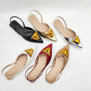 Za Open-Back Sandals with Metal Buckle, Flat Sandals, Fashionable Pointed-Toe Women's Shoes, Large Size Shoes for Export, French-Style Flat Shoes