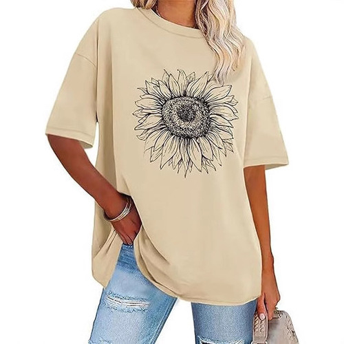 Women's Summer Short-Sleeve Loose T-shirt with Sunflower 3D Print Pattern
