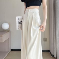 白いアイスシルクスーツワイドパンツ レディース 2025年春夏新作 薄手 ハイウエスト ドレープ感 細身パンツ 通勤スタイル