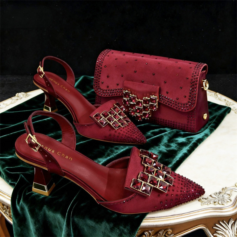 African Pointed-Toe Women's Shoes + Bag Set, Exquisite Diamond Buckle Paired with Faux Silk Fabric, Stiletto Pointed-Toe Shoes African Pointed-Toe Women's Shoes + Bag Set, Exquisite Diamond Buckle Paired with Faux Silk Fabric, Stiletto Pointed-Toe Shoes