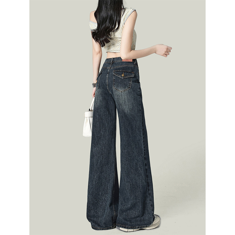 American-style dark blue high-waisted flared jeans for women, trendy and versatile, new vintage loose-fitting slimming straight pants American-style dark blue high-waisted flared jeans for women, trendy and versatile, new vintage loose-fitting slimming straight pants