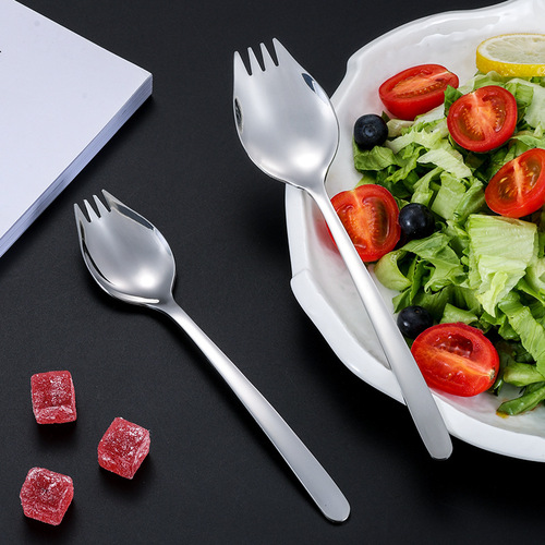 Source manufacturer thickened 304 stainless steel salad spoon, creative Western food dual-purpose all-in-one long-handled dessert salad fork and spoon