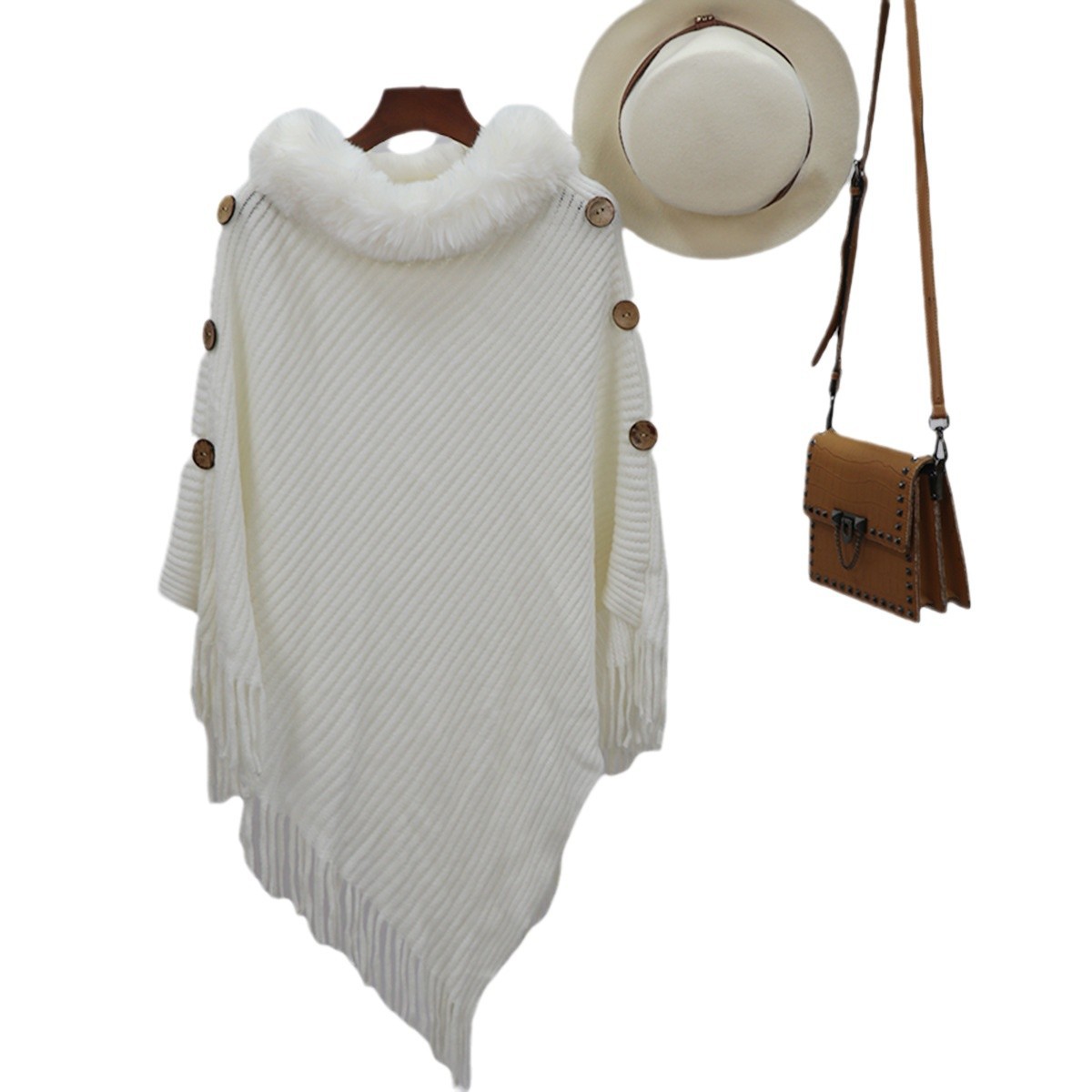 Capa de cuello de lana europea y americana transfronteriza diseño medio largo botón lateral chale de punto