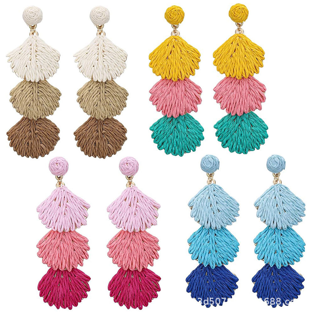 유럽과 미국의 복고풍 귀걸이, 과장된 보헤미안 스타일의 여성용 심플한 라피아 짠 다크 앤 라이트 컬러 쉘 귀걸이