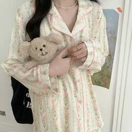 跨境专供女睡衣女套装2024年新款日系碎花秋长袖长裤两件套家居服