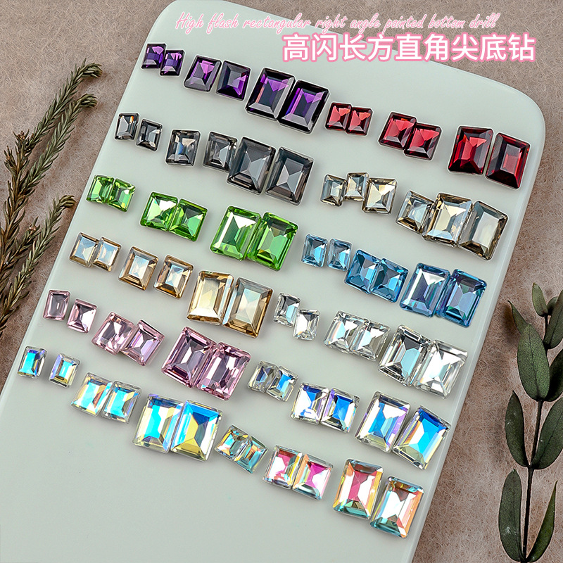 韩式新款高闪长方直角尖底美甲饰品法式冰透甜美款钻石指甲装饰品
