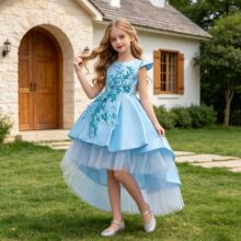 百慧儿童婚纱蓬蓬纱花童钢琴演出服拖尾女童礼服主持人走秀公主裙