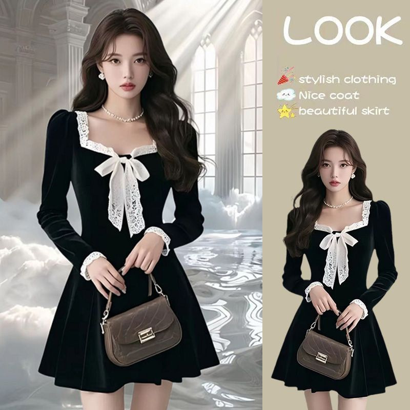 Purely Sensual Velvet French Square-Neck Bow Long-Sleeve Cinched Waist A-Line Mini Black Dress