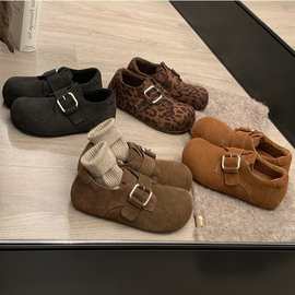 葡萄妈秋季新款内增高3.5cm~豹纹全包加绒毛毛单鞋勃肯鞋女秋冬