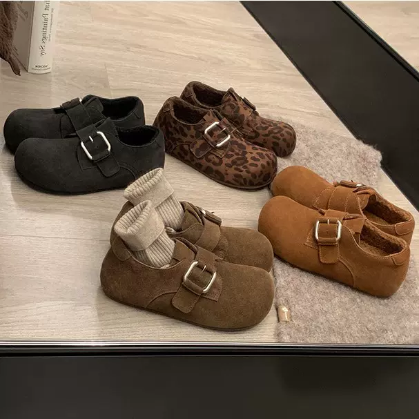 葡萄妈秋季新款内增高3.5cm~豹纹全包加绒毛毛单鞋勃肯鞋女秋冬