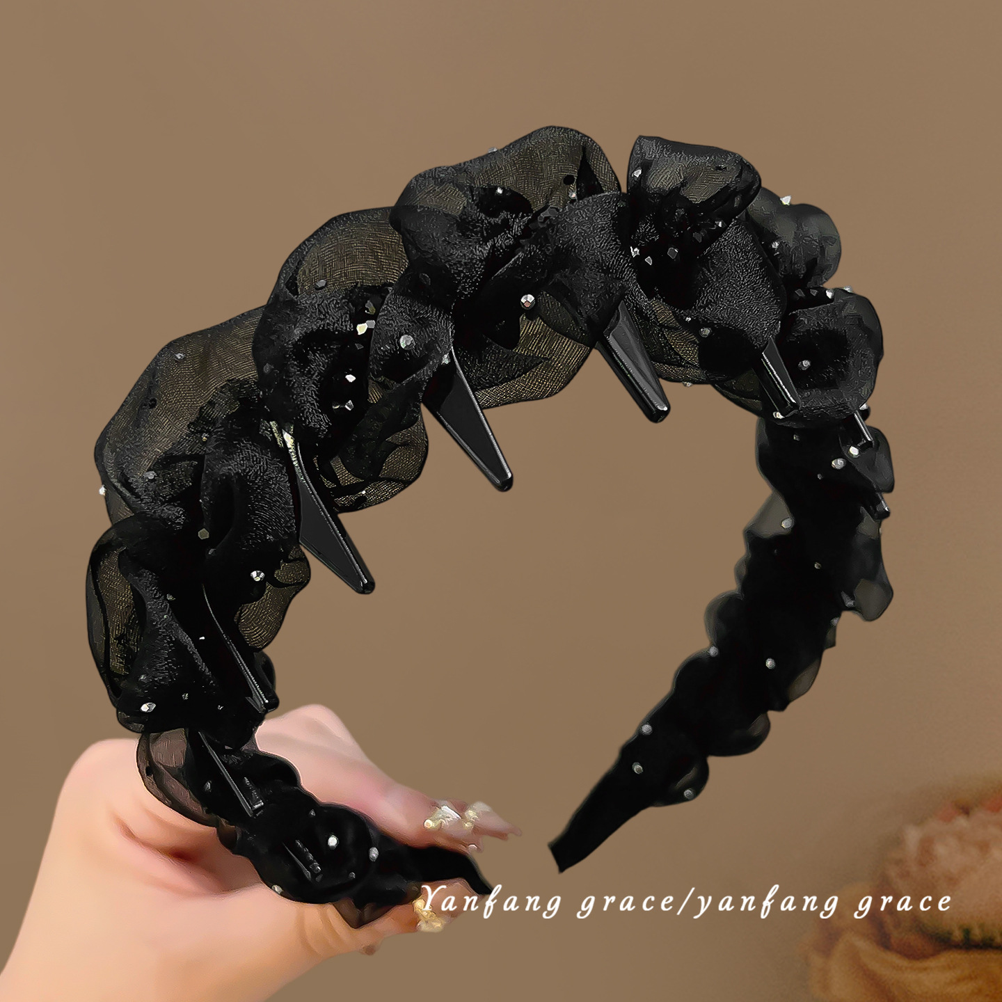 #150 black mesh diamond beaded headband