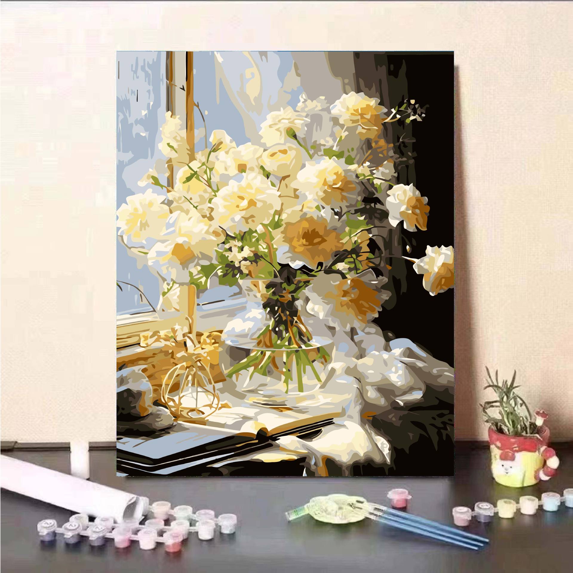 Pintura al óleo digital DIY pintura al óleo relleno floral ventana flores regalos de cumpleaños hechos a mano DIY pintura al óleo relleno moderno minimalista
