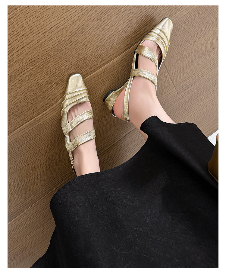 Sandal nữ quai sau hở lưng mũi vuông gót vuông da thật — vàng, Tím, bạc chi tiết 16