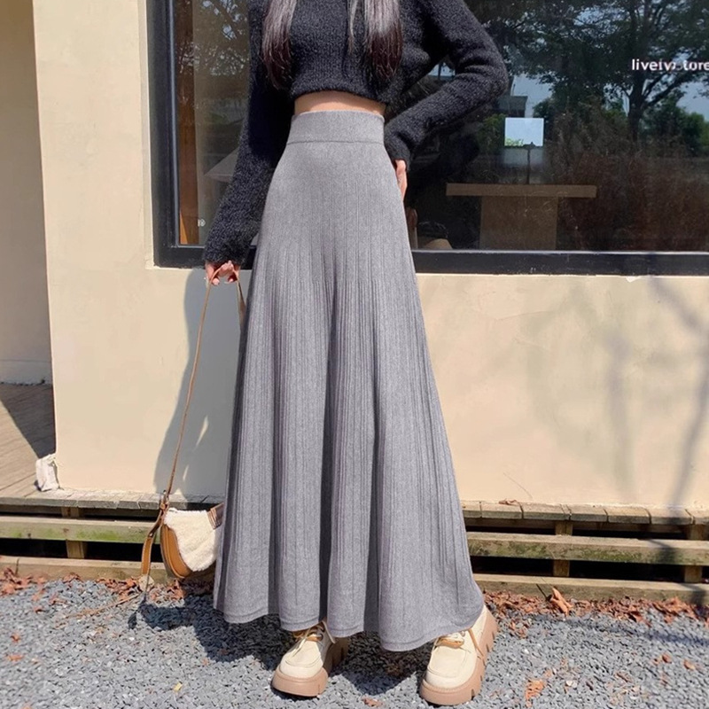 秋冬の女性向けデザインニットプリーツスカート、ヒップカバー、着痩せ、ドレープウールアンブレラスカート、Aラインロングスカート|undefined