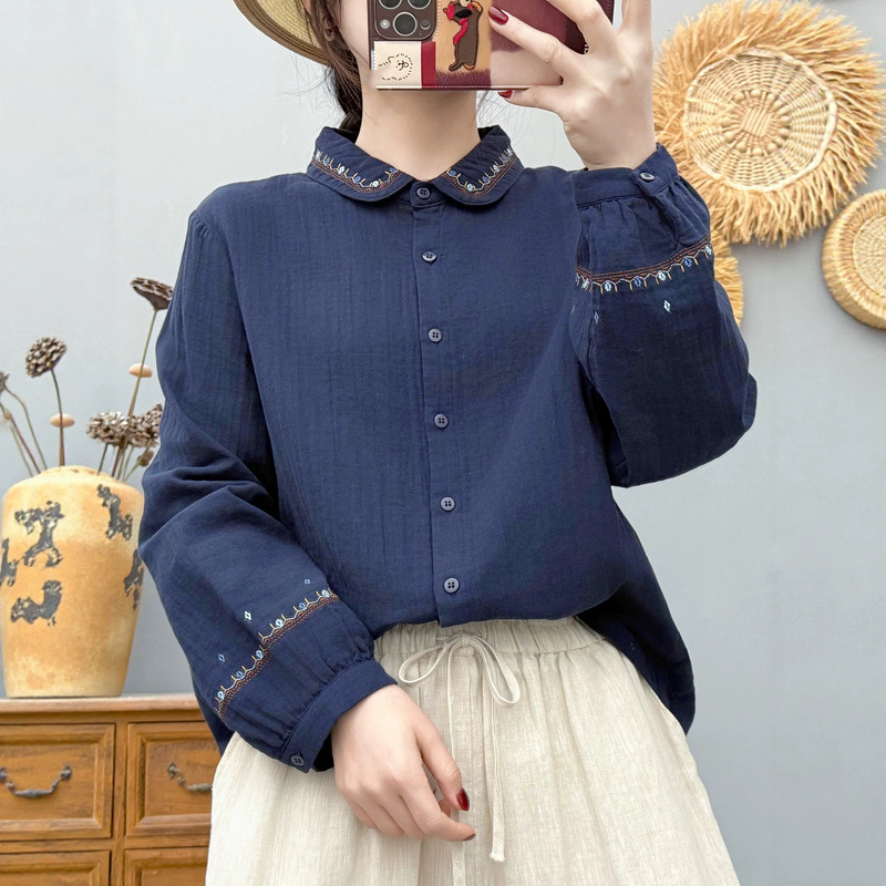 Embroidered Doll Collar Cotton Shirt for Women, Long-Sleeve, New Chinese Style, National Style Embroidery, Soft and Skin-Friendly Pure Cotton Base Top, Trendy Embroidered Doll Collar Cotton Shirt for Women, Long-Sleeve, New Chinese Style, National Style Embroidery, Soft and Skin-Friendly Pure Cotton Base Top, Trendy