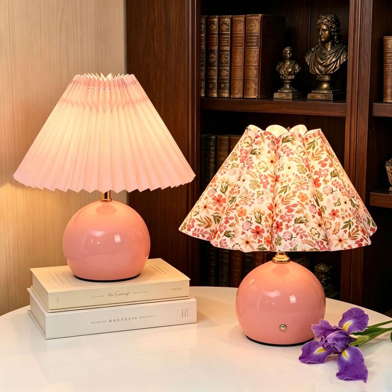 Pleated Desk Lamp Ins-Style Bedroom Bedside Lamp with Cream Floral Design, High-End Luxury Princess Atmosphere, Rechargeable Led Night Light