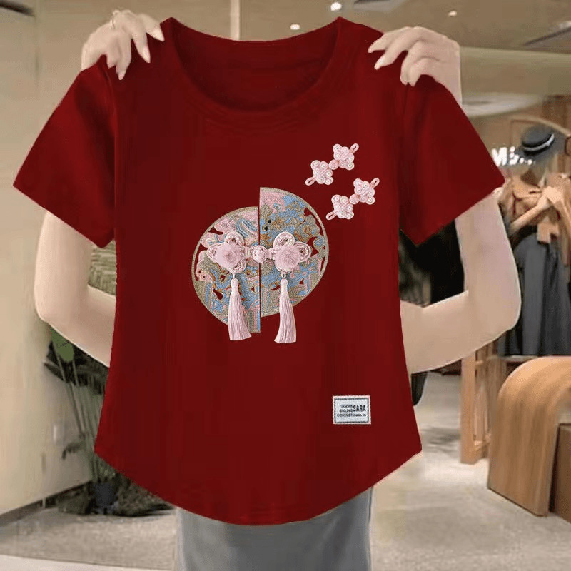 Summer New Guest Short-sleeved T-shirt Women's Niche All-match Vintage Round Neck Stitching New Chinese Style Belly Covering Trendy Instagram Top