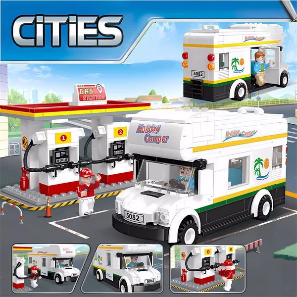 RV for traveling, minifigures, gas station