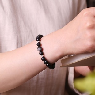Natural Ebony Bracelets, Buddhist Beads, Mixed and Matched with Silver Obsidian Beads, Retro Trendy Personalized Bracelets
