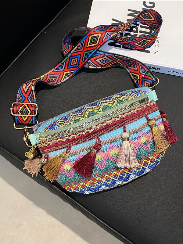 2026 New Style Tassel Woven Small Bag Casual Simple Shoulder Bag Crossbody Bag Waist Bag Women's Ethnic Style Chest Bag