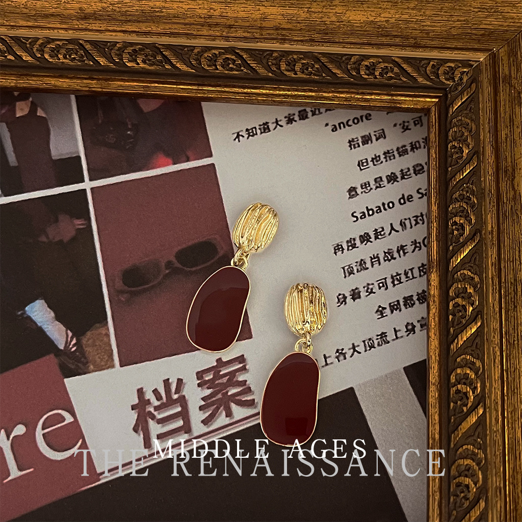 Vintage irregular oval ankola red earrings oil drop retro French